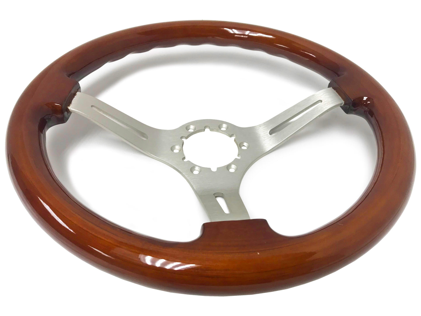 Ford Mustang 14" Mahogany Wood Steering Wheel 6-Bolt, Brushed Aluminum