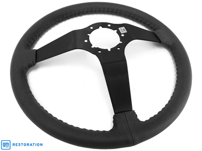 VSW 14" Black Leather Steering Wheel, 6 Bolt Black Step Spoke ST3029BLK