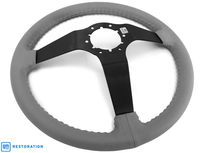 VSW 14" Gray Leather Steering Wheel, 6 Bolt Black Step Spoke ST3029GRY