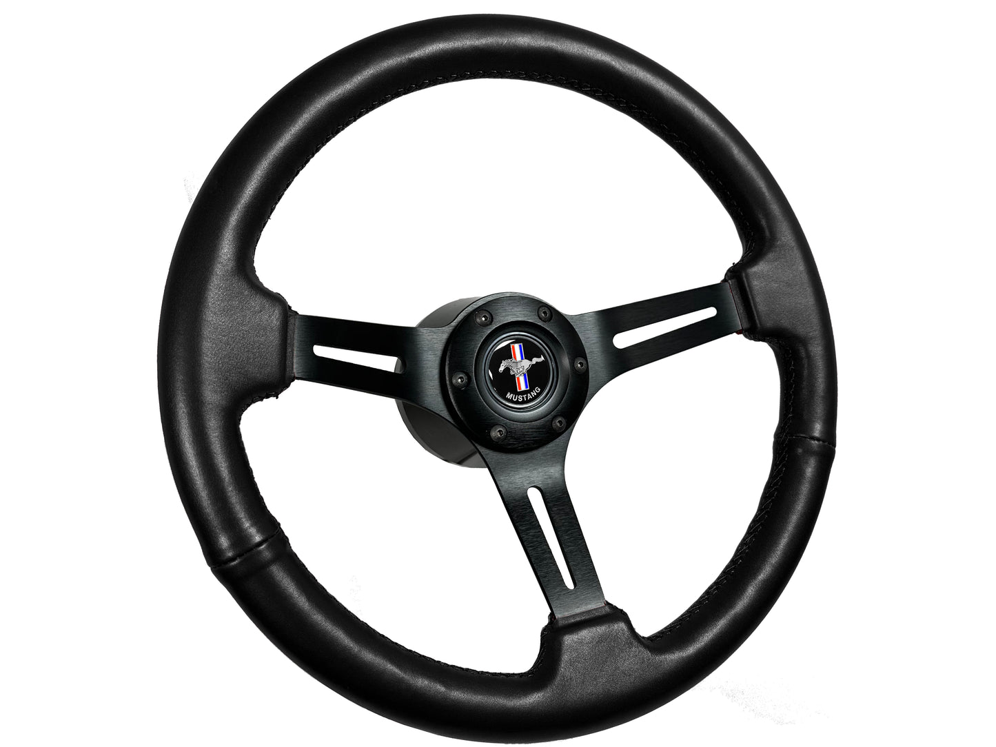 Ford Mustang 14" Black Leather Steering Wheel 6-Bolt, Black Aluminum