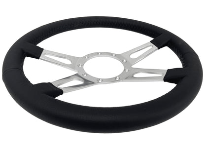VSW 14" Black Leather Steering Wheel, 9-Bolt Billet Aluminum Spokes ST3070