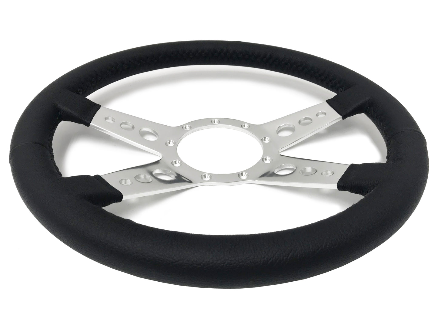 VSW 14" Black Leather Steering Wheel, 9-Bolt Billet Aluminum Spokes ST3071