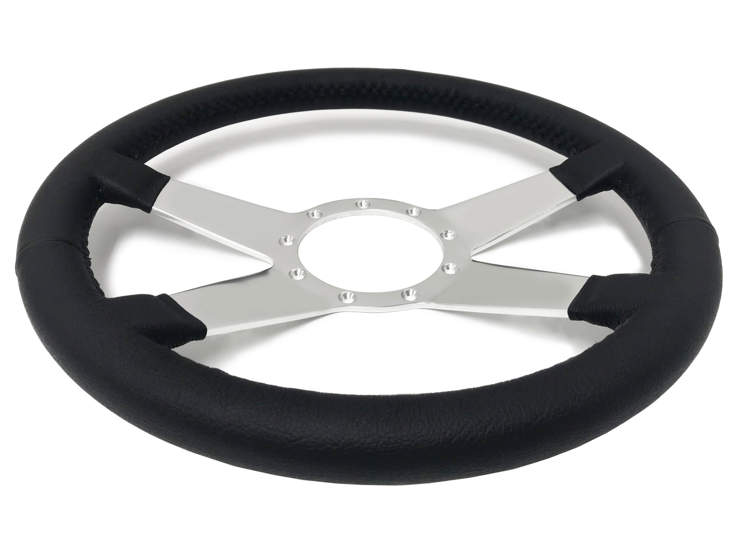 VSW 14" Black Leather Steering Wheel, 9-Bolt Billet Aluminum Spokes ST3088