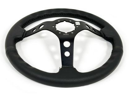 Ford Mustang 14" Black Leather Steering Wheel 6-Bolt, Black Aluminum