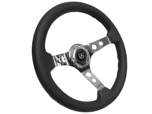 VSW 14" Black Leather Steering Wheel, 6-Bolt Chrome Spokes ST3095