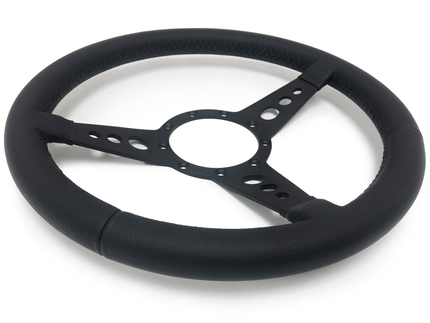 VSW 14" Black Leather Steering Wheel, 9-Bolt Black Spokes ST3156