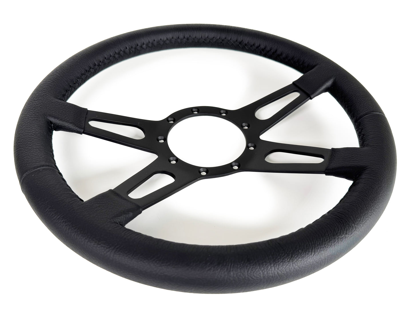 VSW 14" Black Leather Steering Wheel, 9-Bolt Black Spokes ST3170