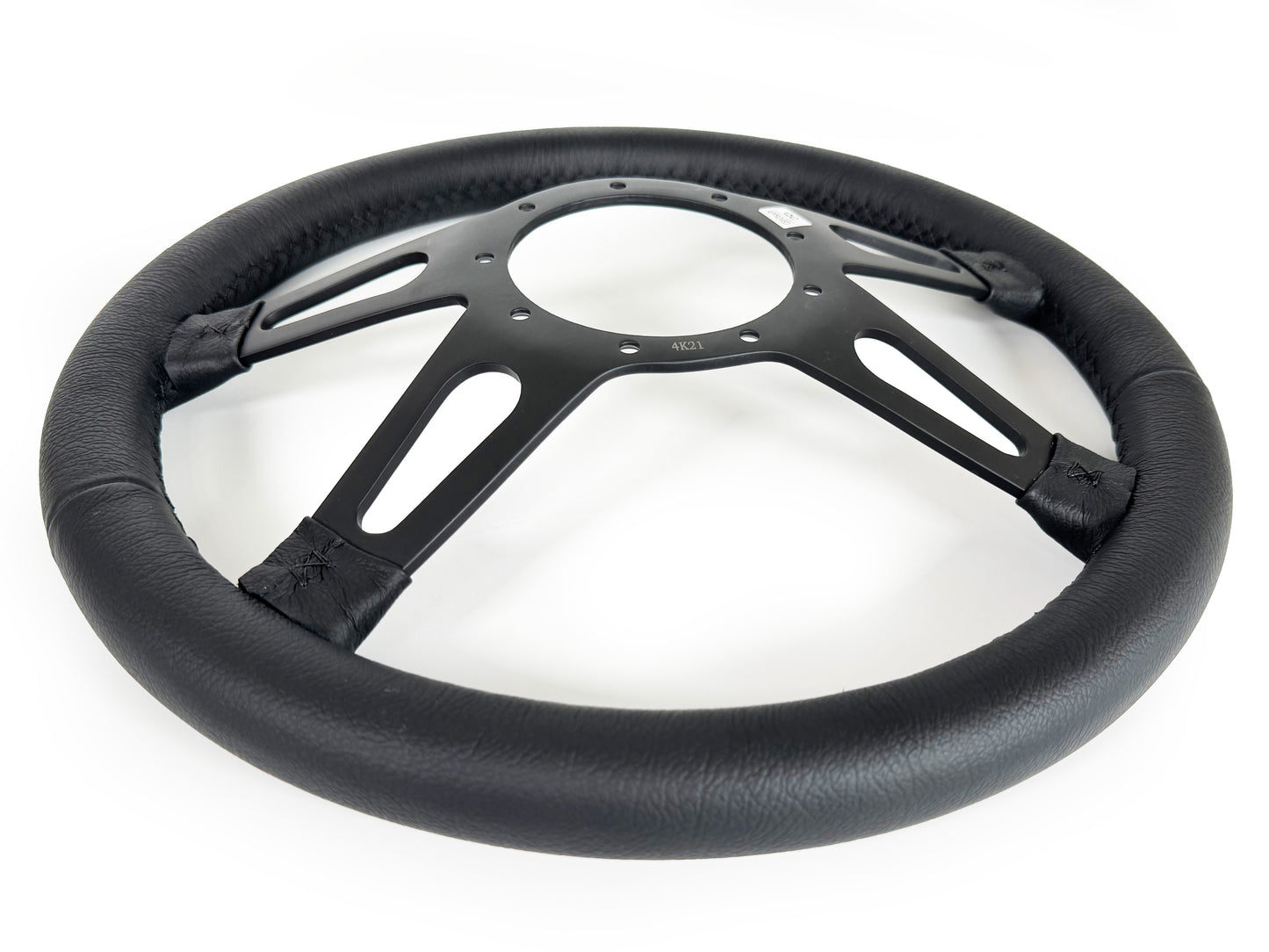 VSW 14" Black Leather Steering Wheel, 9-Bolt Black Spokes ST3170