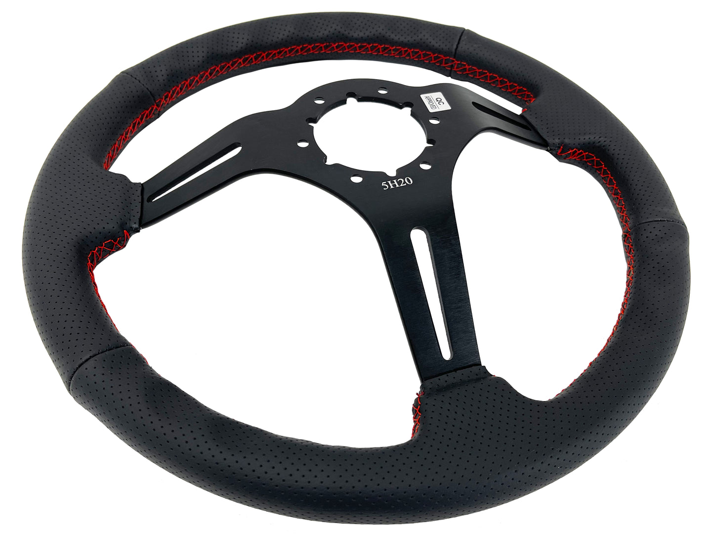 VSW 14" Black Perforated Leather Steering Wheel with Red Stitch, 6-Bolt Black Spokes ST3586RED