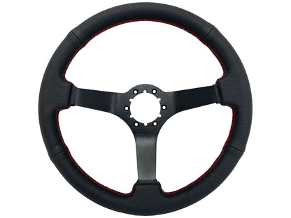 VSW 14" Black Perforated Leather Steering Wheel with Red Stitch, 6-Bolt Black Spokes ST3602RED