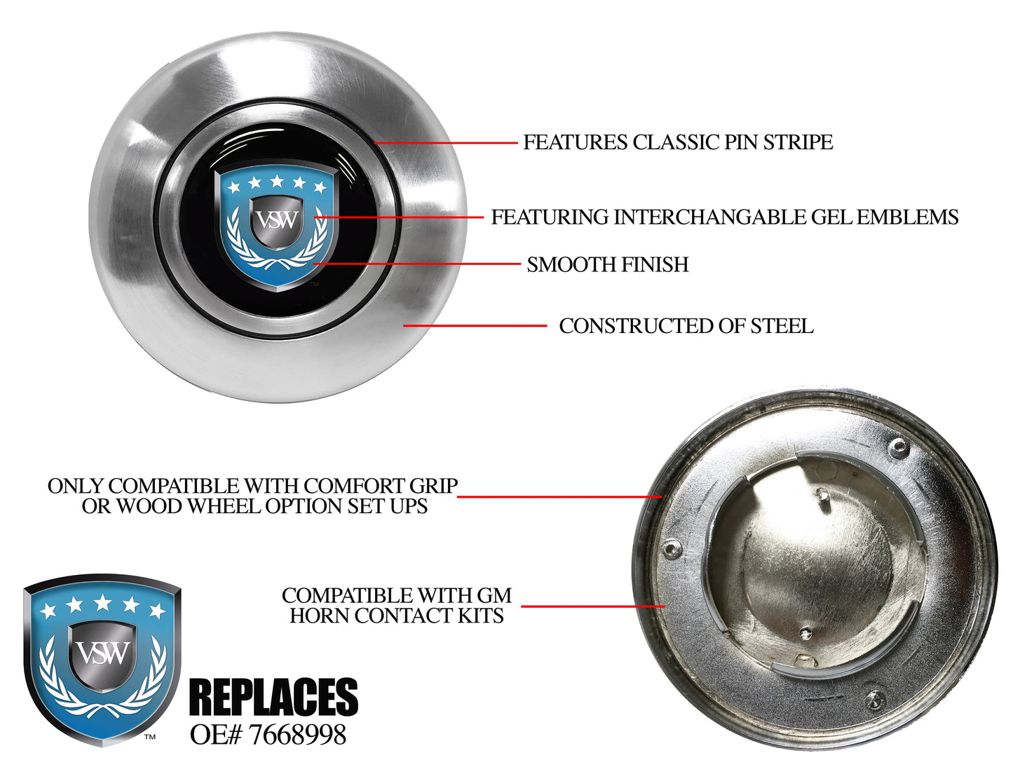 VSW OE Series 1965 Nova Silver Steering Wheel Horn Cap