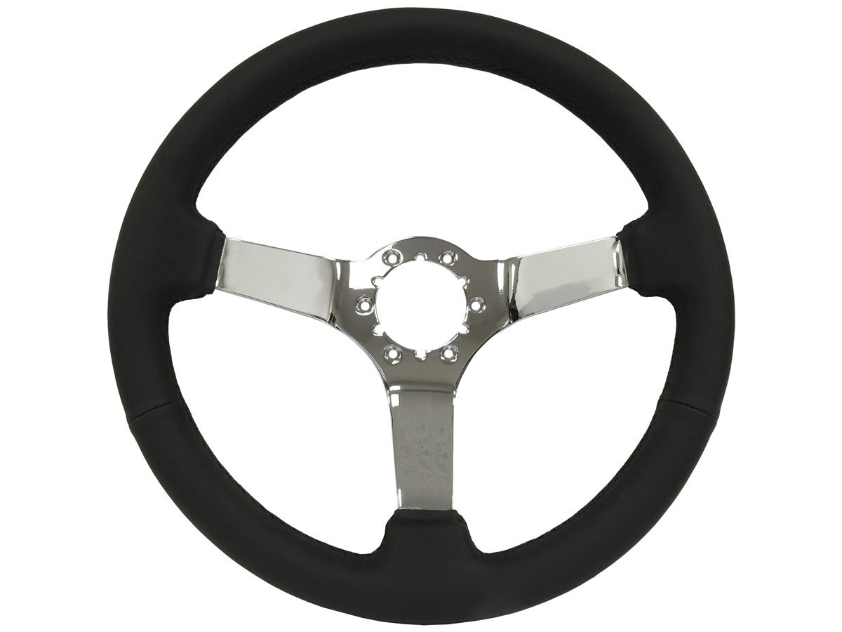 Black Leather Chrome 6 Bolt Steering Wheel ST3112B