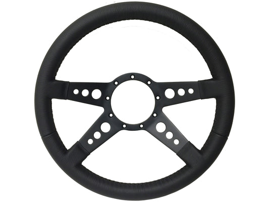 VSW 14" Black Leather Steering Wheel, 9-Bolt Black Spokes ST3171